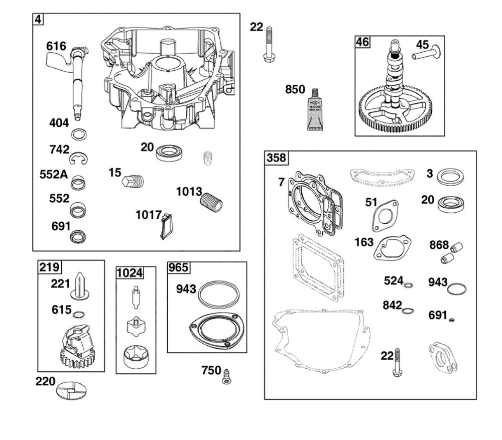 Crankcase Cover/Sump Diagram and Parts List for 44U877-0024-G1  Briggs and Stratton Engine